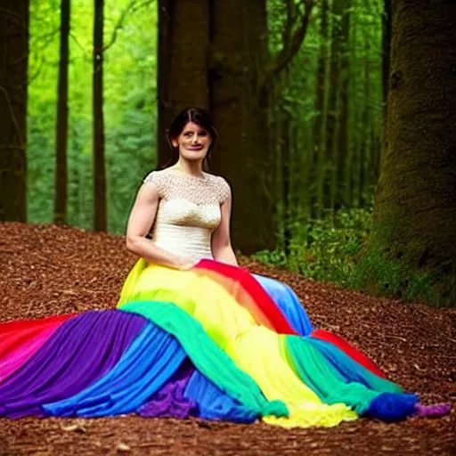 Image similar to picture of gemma arterton wearing a long rainbow wedding gown, sitting in a colorful forest