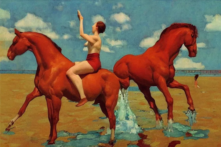 Prompt: the bathing the red horse by petrov vodkin, oil painting, digital painting, concept art, smooth, sharp focus, illustration by william - adolphe bouguerea