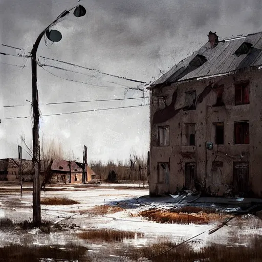 Prompt: painting of a abandoned post soviet town by jakub rozalski