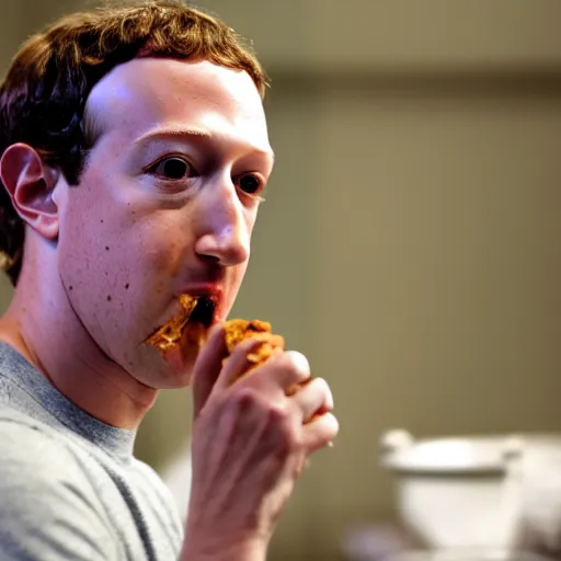 Prompt: mark zuckerberg eating lumpy wet brown stuff, 4 k photograph, cinematic, ideal, no artifacts,