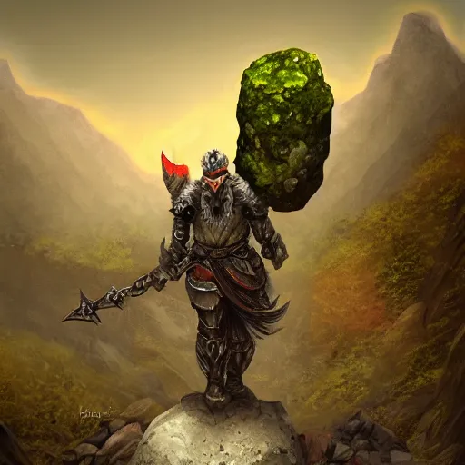 Prompt: stone warrior, moss, large stone hammer, standing in a valley between two mountains, digital art, trending on artstation, high quality