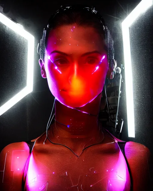 Image similar to portrait photo of female dancer as a cyberpunk mecha humanoid robotic head shoulder parts with straight bright led lights, under a shower, photorealistic and detailed, 8 k