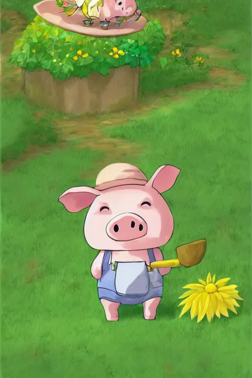 Image similar to cute little piggy with a gardening hat doing some gardening on a summer day, chibi, cute, adorable, studio ghibli trending on artstation, pixiv, Deviantart, HD, golden ratio, rule of thirds