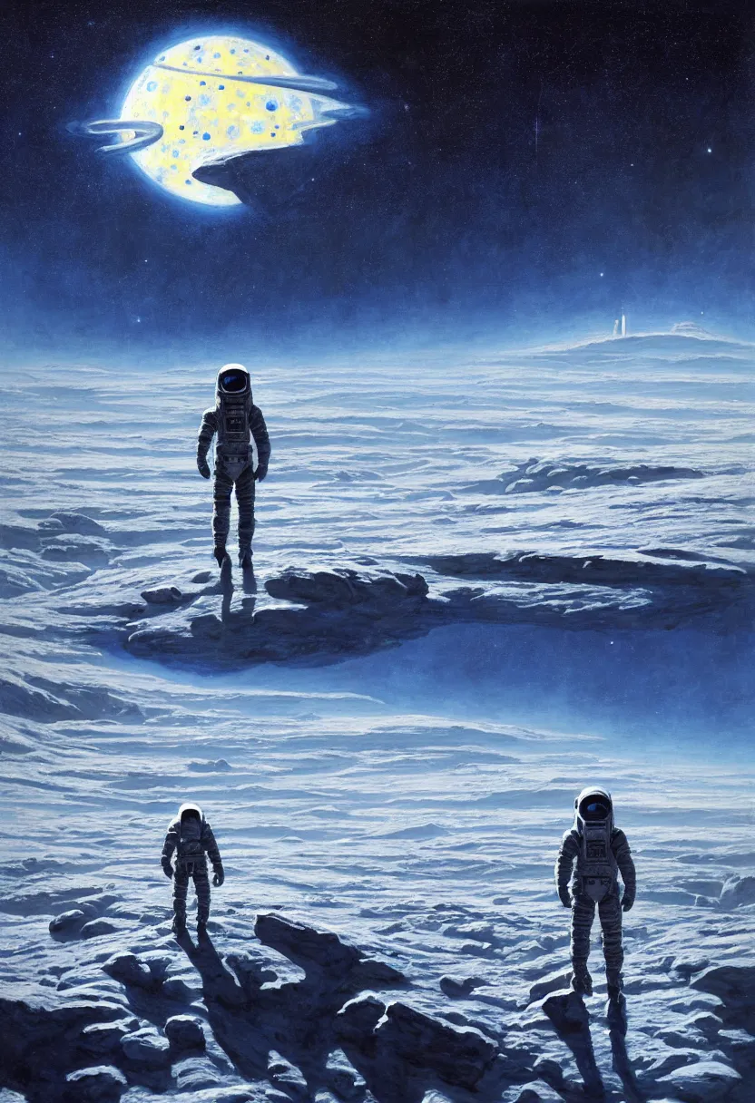 Image similar to an epic painting of a futuristic solitary astronaut walking along an airless icy planet in the endless starry night of space, unreal 5, DAZ, detailed, soft focus, brilliant, 4k, 8k, HD, trending on artstation, art by Rick Guidice painting by Robert McCall by John Harris, abstract