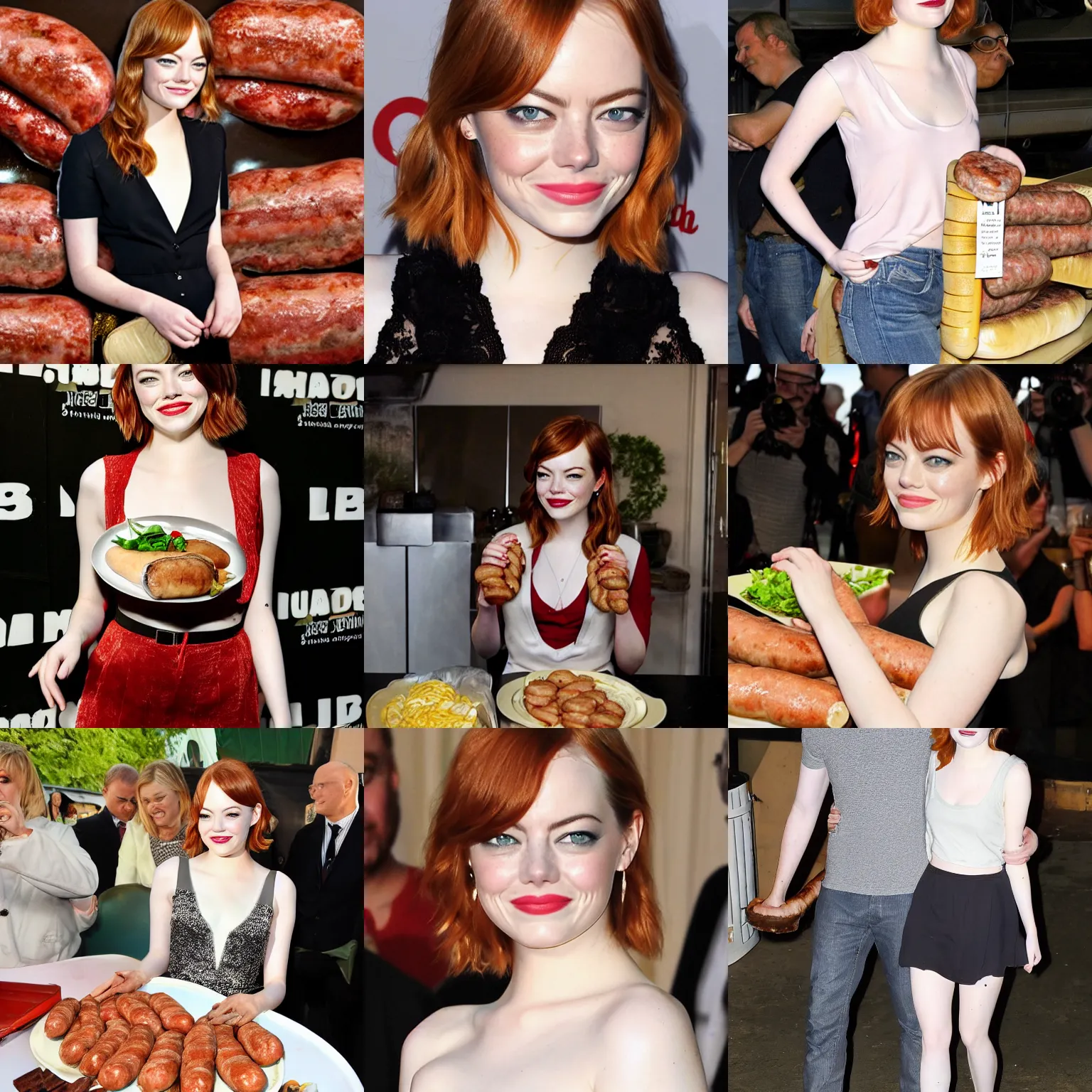 Prompt: Emma Stone and lots of big italian sausages