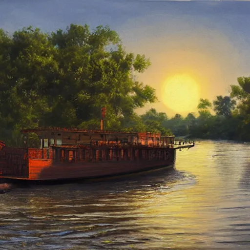 Image similar to 1 9 th century river boat in the deep south, evening sun, intense lighting, hyper realistic, gouache