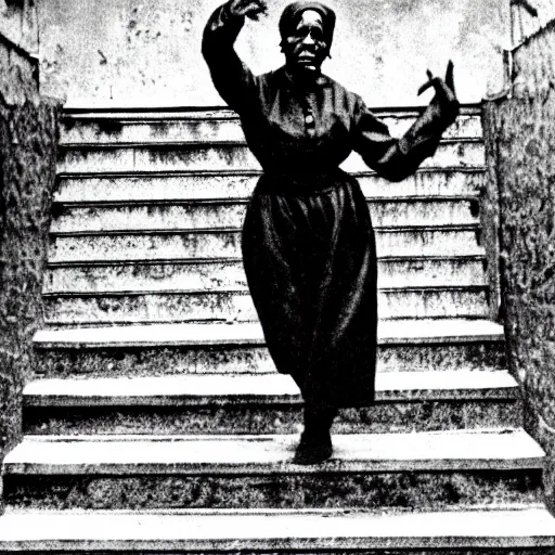 Image similar to Historical photograph of Harriet Tubman doing the Joker dance down a set of stairs