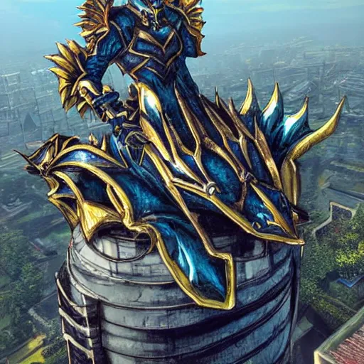 Image similar to Final Fantasy Dragoon on top of a building, stunning,