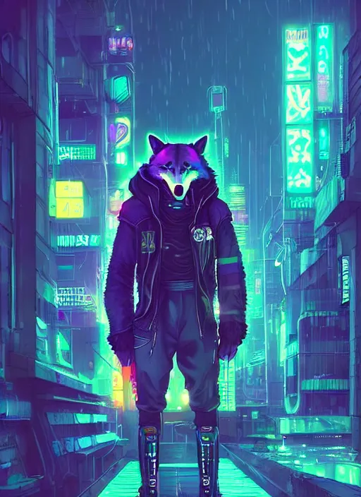 Image similar to beautiful portrait commission of a male furry anthro husky werewolf fox fursona wearing cyberpunk skater clothes. Cyberpunk city at night in the rain. Neon light. Atmospheric. Character design by charlie bowater, ross tran, artgerm, and makoto shinkai, detailed, inked, western comic book art