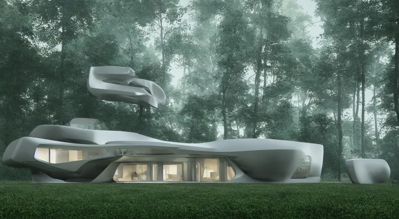 Image similar to a futuristic house sitting in the middle of the forest, unreal engine, zaha hadid, tom wright, ludwig mies van der rohe architectural designs, volumetric lighting, octane render, 8 k