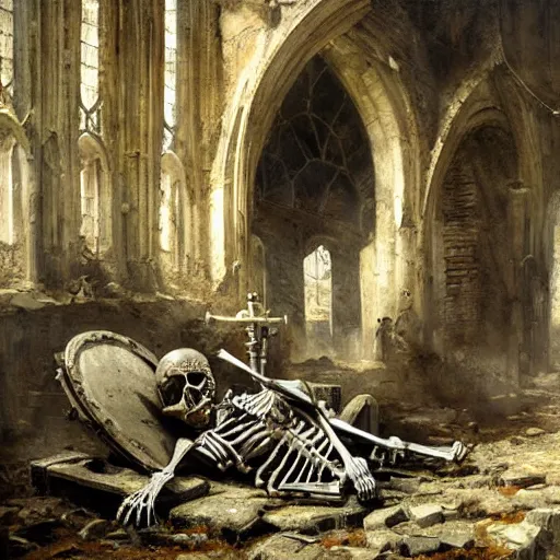 Image similar to Skeleton wearing ragged clothes and a plate armour resting on a throne inside a ruined cathedral, oil painting, by Greg Rutkowski