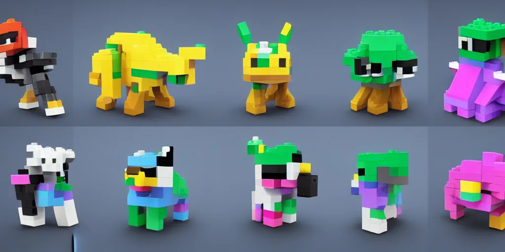 Image similar to tiny creature made of one brick, big round cute eyes, quadrupedal, cute looking, blocky shape, kawaii, sharp focus, character, game concept art, blocky, lego mixels, flat toon style like katamari damacy inspired, pokemon inspired, promotional poster art, high quality voxel render