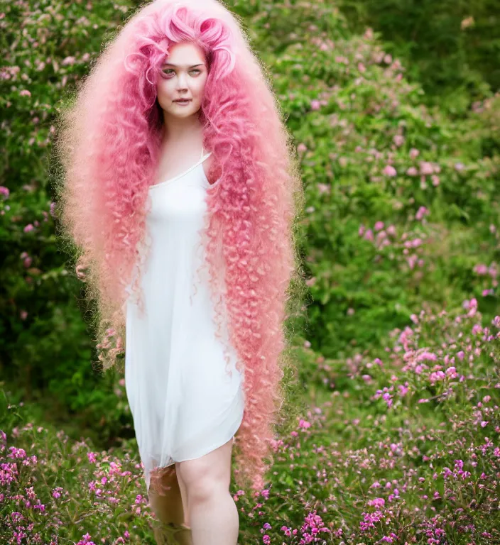 Image similar to a photograph of rose quartz from steven universe, portrait photography, 8 5 mm, iso 4 0 0, focus mode, detailed portrait, gigantic tight pink ringlets, huge curly pink hair, bangs, plus size, extremely beautiful and ethereal, warm smile, magical, white dress, regal, gorgeous, kind features, beautiful woman, flattering photo, daylight