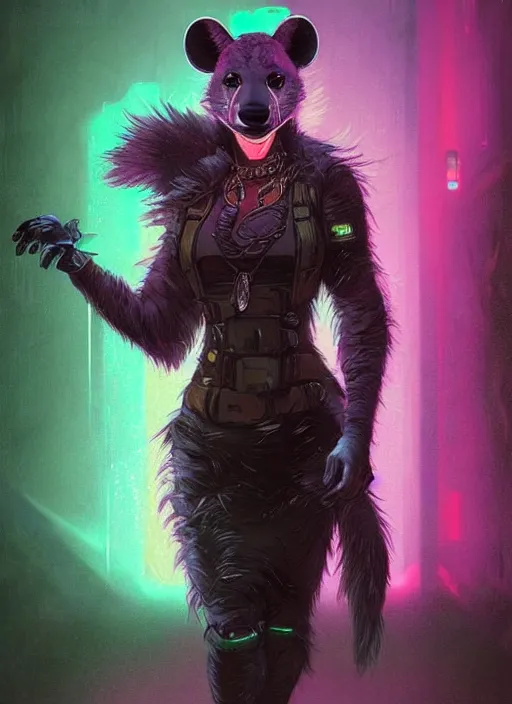 Image similar to beautiful full-body portrait commission of a [female furry anthro!!! spotted hyena fursona] [wearing jedi robes] [in a cyberpunk city at night in the rain]. Neon light. Atmospheric. Renowned character illustration by greg rutkowski, thomas kindkade, alphonse mucha, loish, norman rockwell. detailed, dungeons and dragons character art