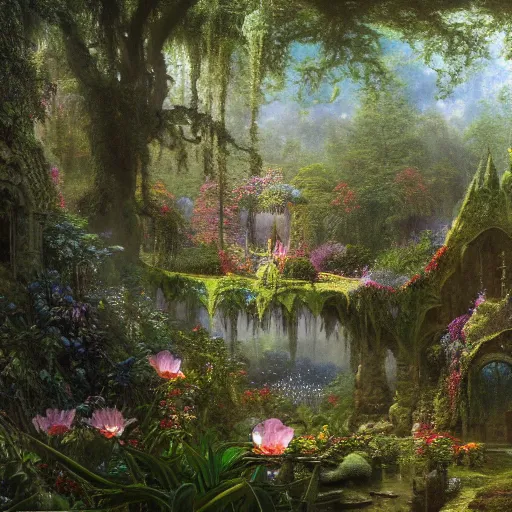 Prompt: a beautiful and highly detailed matte painting of a magical flower covered pergoda in a fantasy garden in a lush forest deep in the mystical mountains, intricate details, epic scale, insanely complex, 8 k, sharp focus, hyperrealism, very realistic, by caspar friedrich, albert bierstadt, james gurney, brian froud,