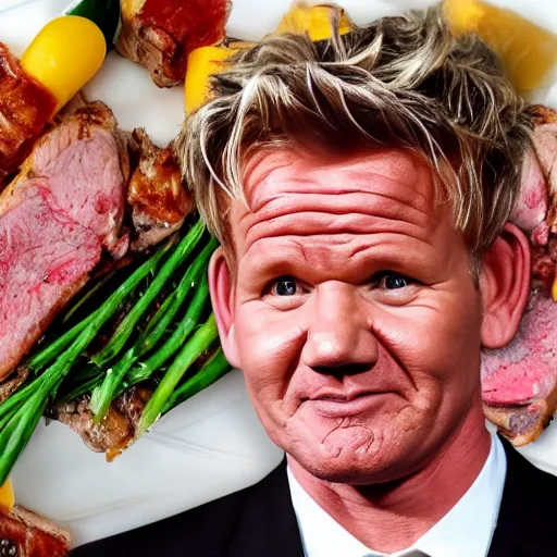 Image similar to gordon ramsay's face on a cooked rack of lamb