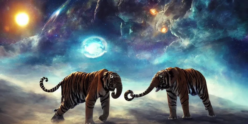 Image similar to planet - sized tiger elephant in space, next to the sun and stars, cosmic, very wide shot, epic composition, hyper detailed, digital art, trending in artstation, cinematic lighting, studio quality, unreal engine 5 rendered, art style by klimt and nixeu and ian sprigger and wlop and krenz cushart