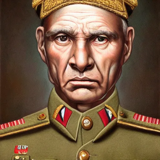 Prompt: portrait artwork of five star army general by mark ryden, sad eyes, breathtaking, 8 k resolution, extremely detailed, beautiful