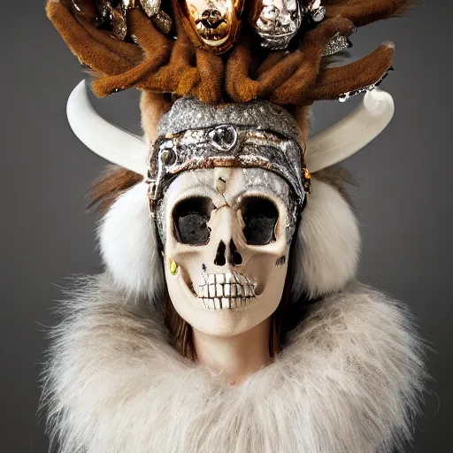 Prompt: hyperrealistic mixed media portrait portrait of a anthropomorphic norse mythology mimosa, wearing furry clothes and artifact head gear made of deer horn and skull bones embaded with jewels in the style of heilung an experimental folk music band, elegant, highly detailed, hyper realism, 4k, DSLR, artstation, smooth, sharp focus, octane render, 3d, good clear quality, lighting, biology, symmetrical artwork, perfect face, high detail, octane render W 832