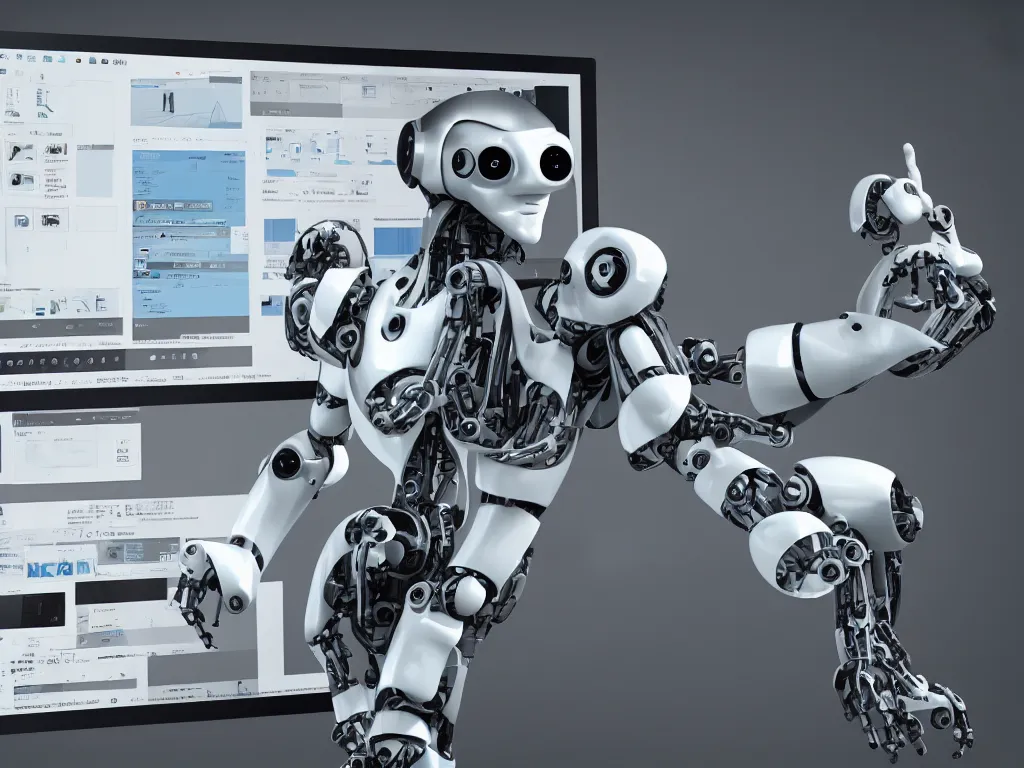 Image similar to robot using design software UI on a screen, photorealistic