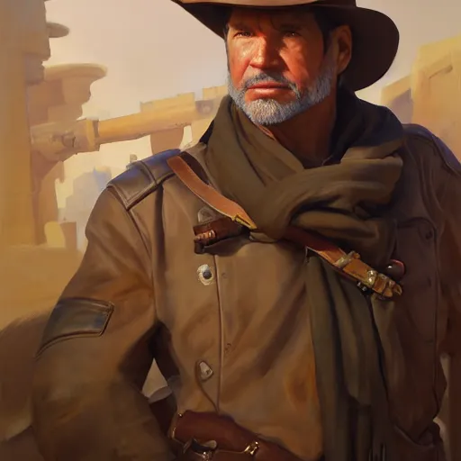 Image similar to greg manchess portrait painting of partially armored indiana jones as overwatch character, medium shot, asymmetrical, profile picture, organic painting, sunny day, matte painting, bold shapes, hard edges, street art, trending on artstation, by huang guangjian, gil elvgren, ruan jia, randy vargas, greg rutkowski