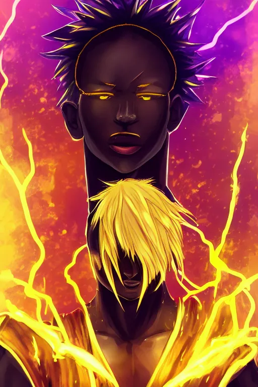 Image similar to golden glowing black male anime character, blonde hair, yellow eyes, symmetrical, highly detailed, digital art, sharp focus, trending on art station, crazy hair, electricity everywhere