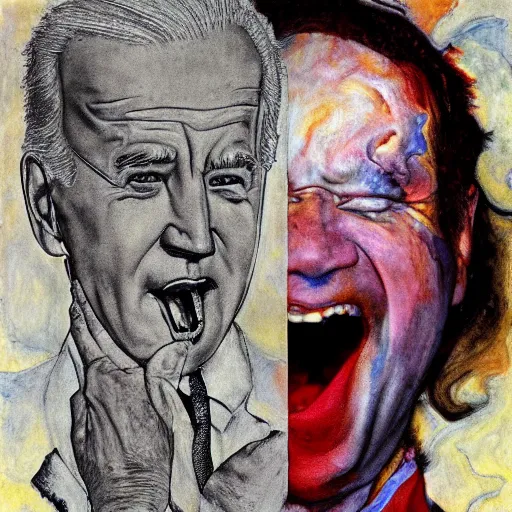 Prompt: joe biden screaming, by egon schiele and william blake and stephen gammell