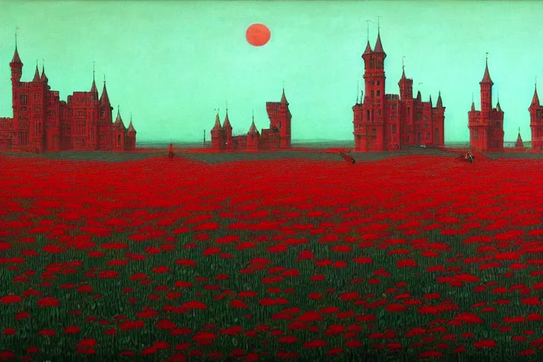 Image similar to only with red, red flowers of different types, red castle in background, red medieval big goblins, in the style of beksinski, parts by edward hopper, parts by rodcenko, parts by yue minjun, intricate and epic composition, red by caravaggio, insanely quality, highly detailed, masterpiece, red light, artstation, 4 k