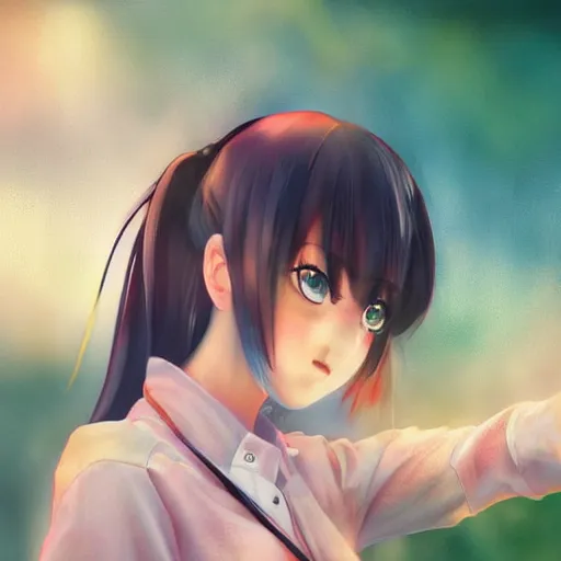 Image similar to a high detail portrait of high school girl by makoto sinkai, kawaii, full body, in simple background, CLIP STADIO, mad painting