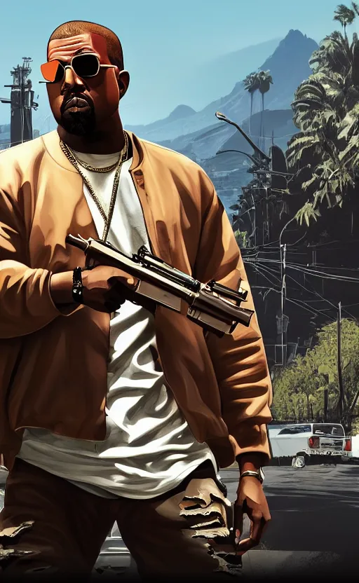 Image similar to kanye west in grand theft auto 5, cover art by stephen bliss, artstation
