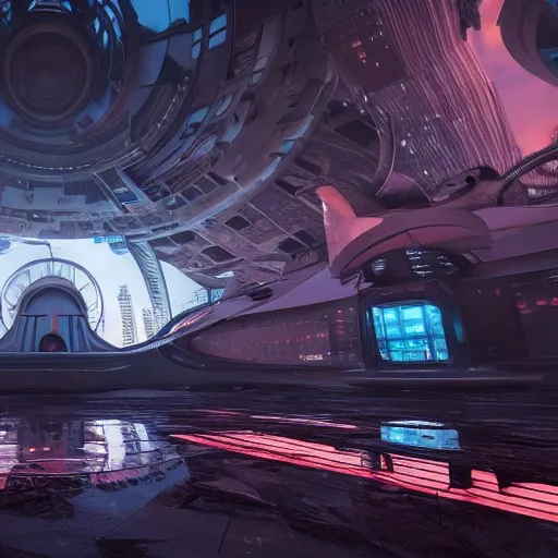 Image similar to futuristic spaceship in the middle of the abandoned concrete temple, ground-level view, puddles of water, stunning volumetric lighting, sunset, trending on Artstation, 8k, photorealistic, hyper detailed, unreal engine 5, cinematic, epic lighting, cryengine, octane render, cyberpunk, red and orange glow, dark, gloomy, foggy