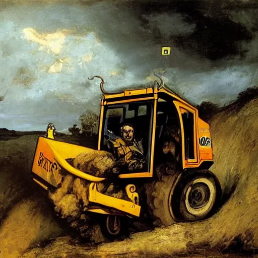 Image similar to gustave courbet painting of rob voltage cross laughing manically whilst driving a jcb digger through the gates of hell