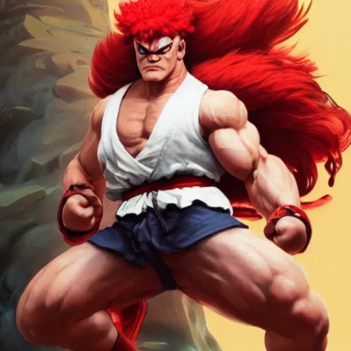 Prompt: david koechner as akuma street fighter, kicking, 4 k, ultra realistic, detailed focused art by artgerm and greg rutkowski and alphonse mucha