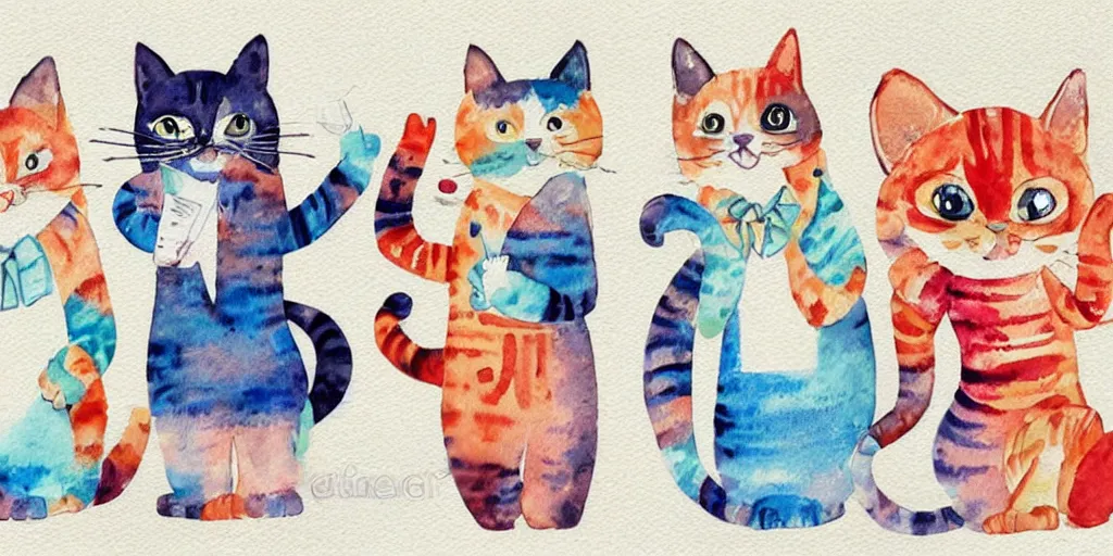 Prompt: watercolor illustration style, cute! cats!!! choose different costumes, business, inspiring art