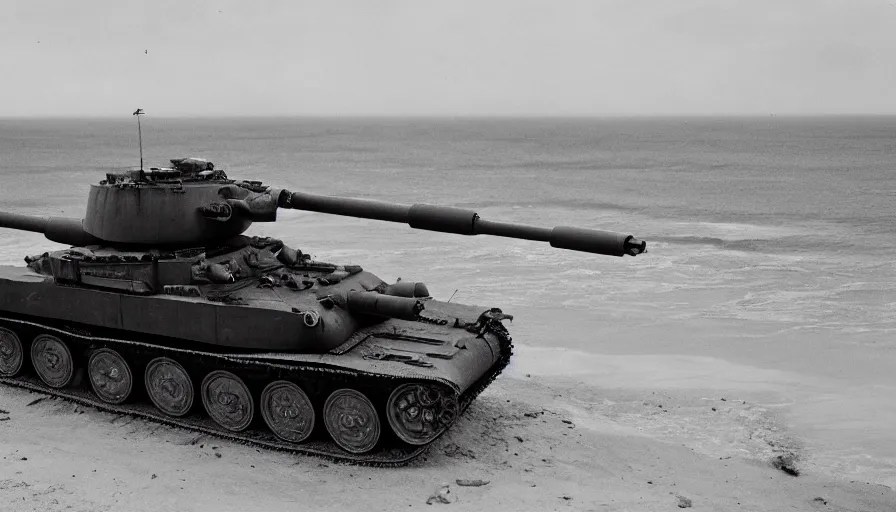 Image similar to old black and white 4 0's photos of world war 2 showing tanks with laser canons on omaha beach, hyperdetailed, artstation, cgsociety, 8 k
