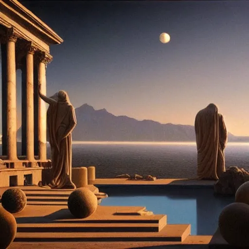 Image similar to David Ligare masterpiece, scifi nightscape, planets, hyperrealistic surrealism, award winning masterpiece with incredible details, epic stunning, infinity pool, a surreal vaporwave liminal space, highly detailed, trending on ArtStation, broken giant marble head statue ruins, calming, meditative, geometric liminal space