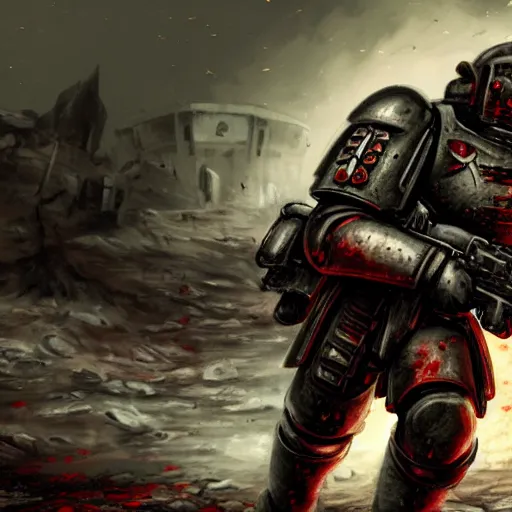 Image similar to heavy armor soldier wearing space marine like armor but in real life, walking in a river of blood full of human bloody dead bodies and human parts, shooting with his gun, explosions in background, painting style