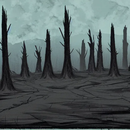 Prompt: a desolated landscape filled with burnt trees, concept art