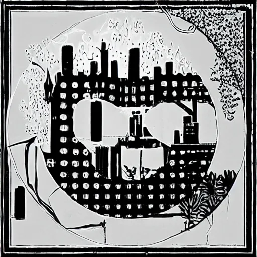 Image similar to a perfect circle, the outer edge of the circle is the silhouette of a city skyline, black and white, minimalist, in the style of a line drawing