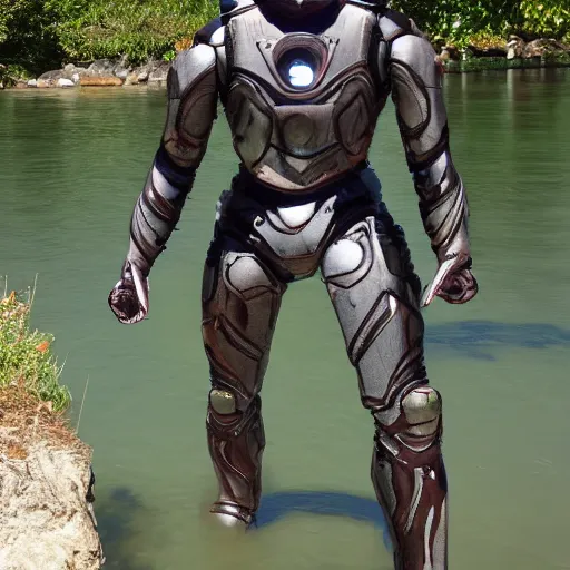 Image similar to realistic advanced iron suit in the bottom of a lake