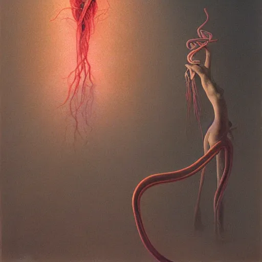 Prompt: woman with tentacles as appendages, flash, 80mm F2.8, single light source, painting by Zdzislaw Beksinski