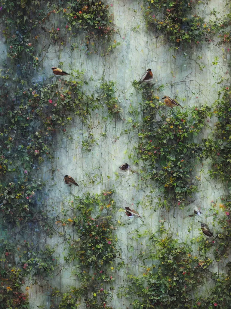 Image similar to abstract wall, hyperrealistic sparrows, impressionist greenery, sea visible through the cracks in the paint. By Gregory Mortenson, Alyssa Monks, Stephen Bauman, Conor Walton, Casey Baugh, Jeremy Lipking, Adam Miller, Mario Robinson. oil on canvas.