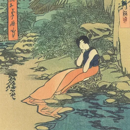 Prompt: hiroshi yoshida woodblock print. beautiful woman sitting near pond.