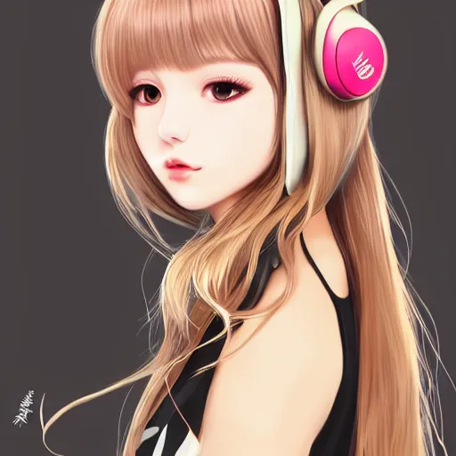 Image similar to realistic beautiful gorgeous natural cute Blackpink Lalisa Manoban blonde hair cute fur blonde cat ears wearing headphones outfit golden eyes artwork drawn full HD 4K highest quality in artstyle by professional artists WLOP, Taejune Kim, Guweiz, ArtGerm on Artstation Pixiv