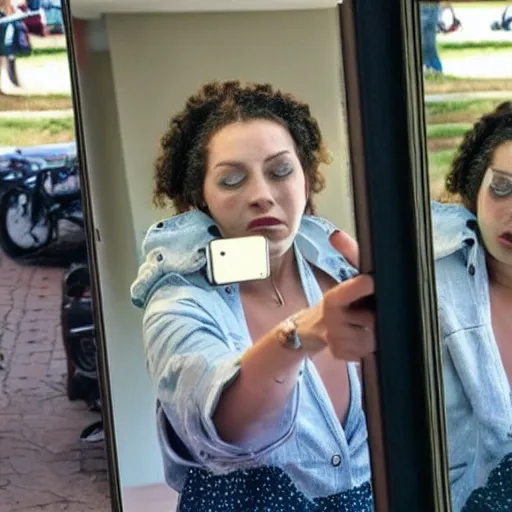 Image similar to woman taking a selfie only to see a horrific image in the reflection