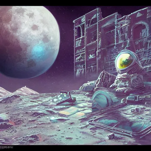 Prompt: ancient ruins on the moon, retrowave epic art, trending on art station