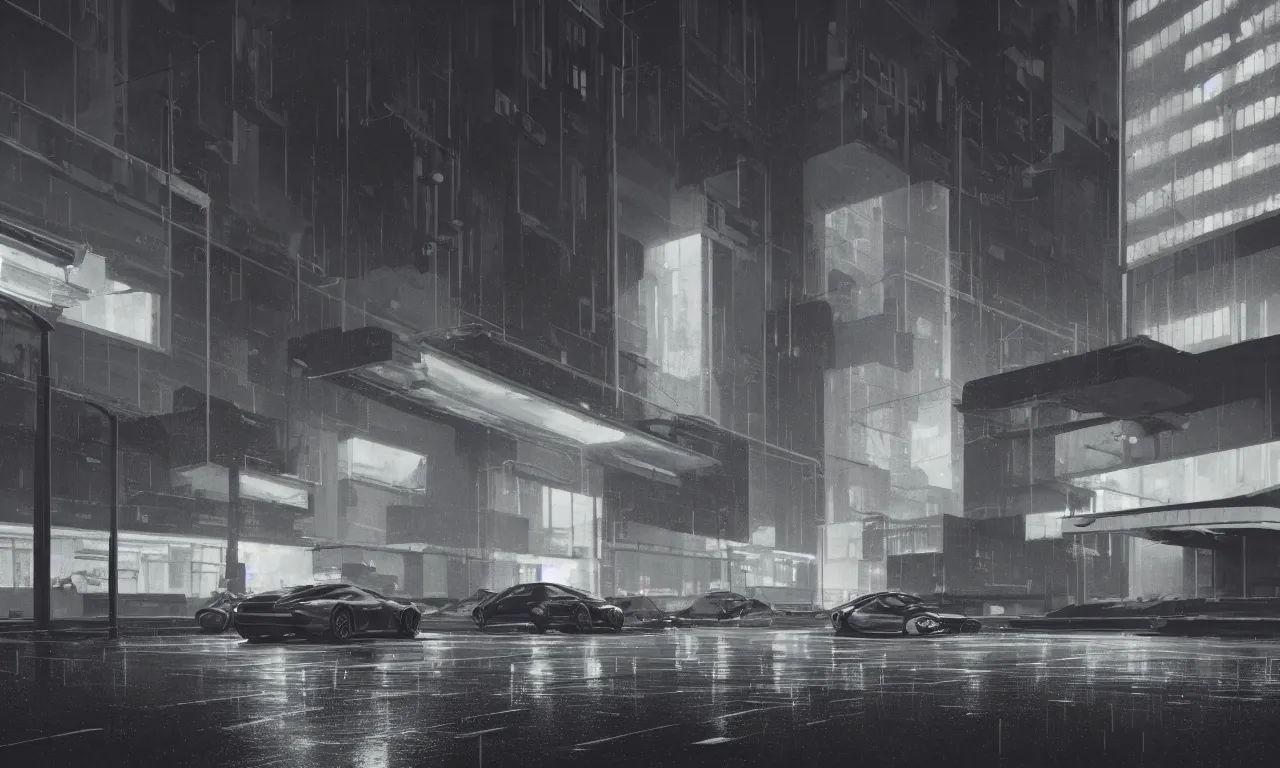 Image similar to high resolution photograph, streetscape, simple brutalist architecture, metal, concrete, wet streets, white neon lights, color neon signs, flying cars, pedestrians, greg rutkowski, syd mead, ralph mcquarrie, concept art, matte painting, finely detailed, minimal artifacts, rule of thirds, dynamic lighting, cinematic, denoised, centered, artstation