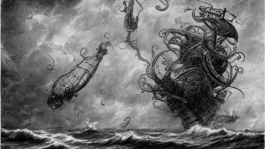 Image similar to drawing of an octopus attacking an airship above a stormy ocean, by gustave dore, nineteenth century, black and white, vintage, science fiction, epic composition, dramatic lighting, highly detailed