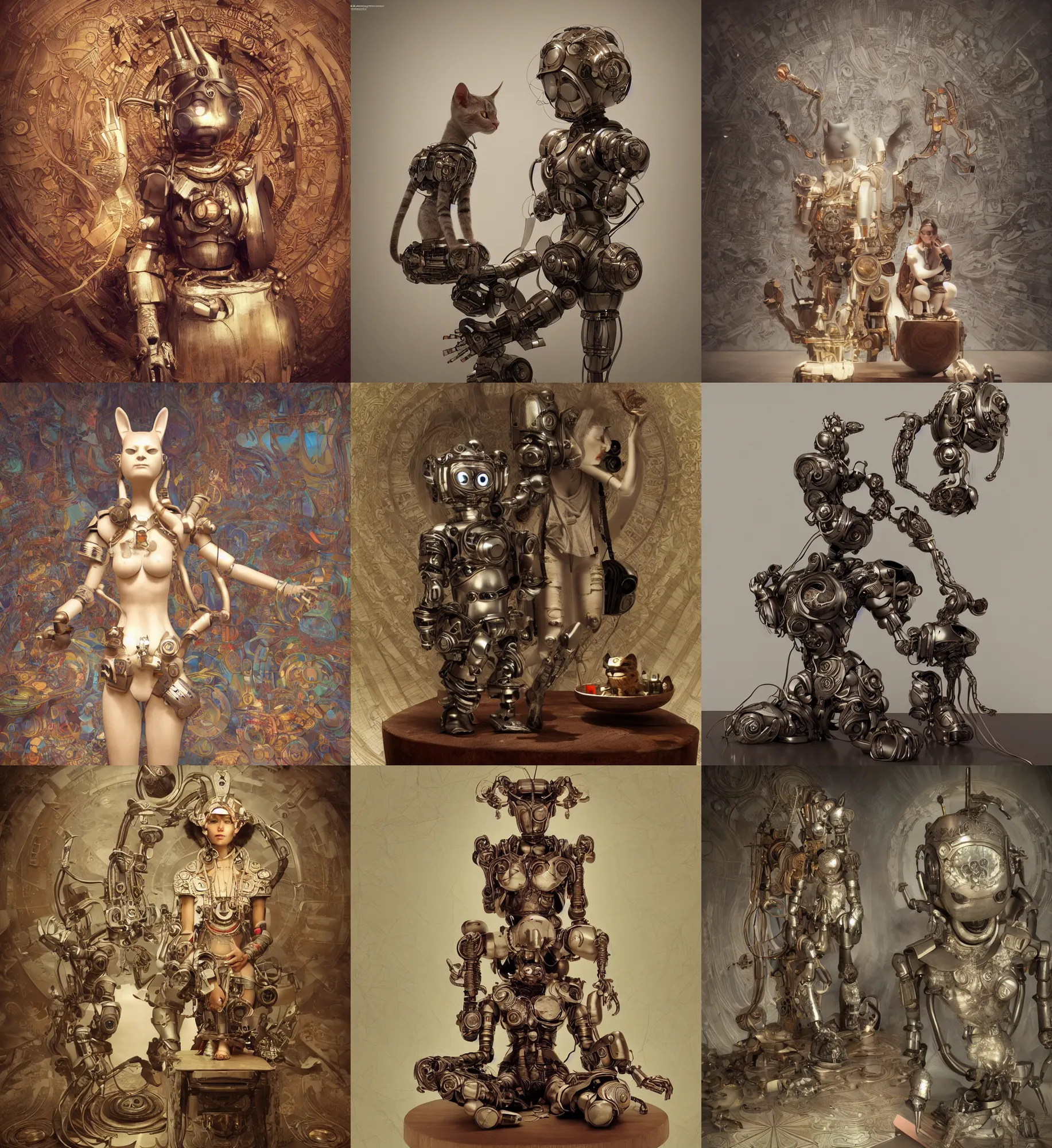 Prompt: 3D octane render ultra 8K photorealistic hyperdetailed unreal engine ,a wooden sculpture,art toys on a pedestal ,a very cute mystical robot of the bohemian with cat’s ears in a zen heroic pose ,meditation ,rebelle,cyberpunk ,concept art ,trending on cgsociety ,artwork masterpiece , in a contemporary art gallery in neo Paris by Alphonse Mucha