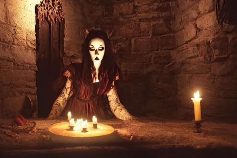 Image similar to VFX movie of ascending goth woman in the decadent attic, demonic magic ritual, candles, glowing eyes, natural lighting at night by Emmanuel Lubezki